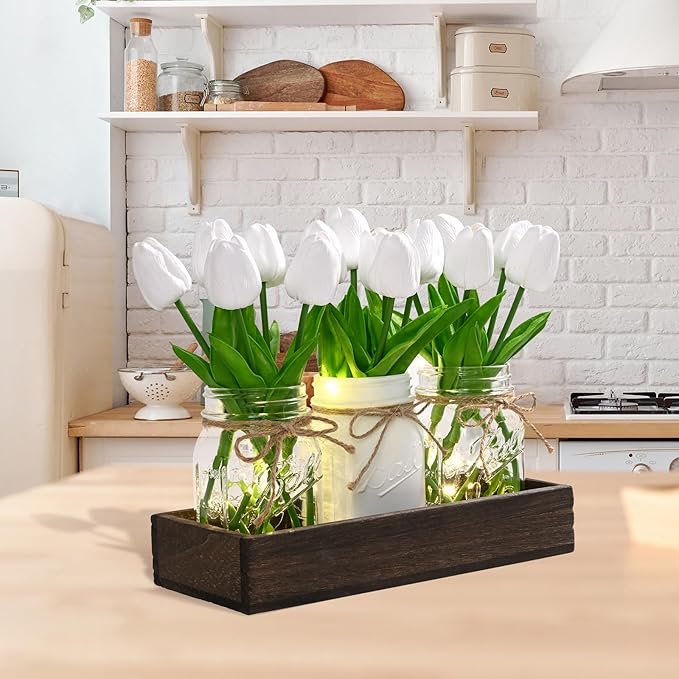 BLEUM CADE Mason Jar Centerpiece Table Decorations, Mason Jar Lights Centerpiece for Kitchen Dining Table Farmhouse Coffee Table Wedding Home Decor with 3 Jars Tulips Artificial Flowers & Wood Tray