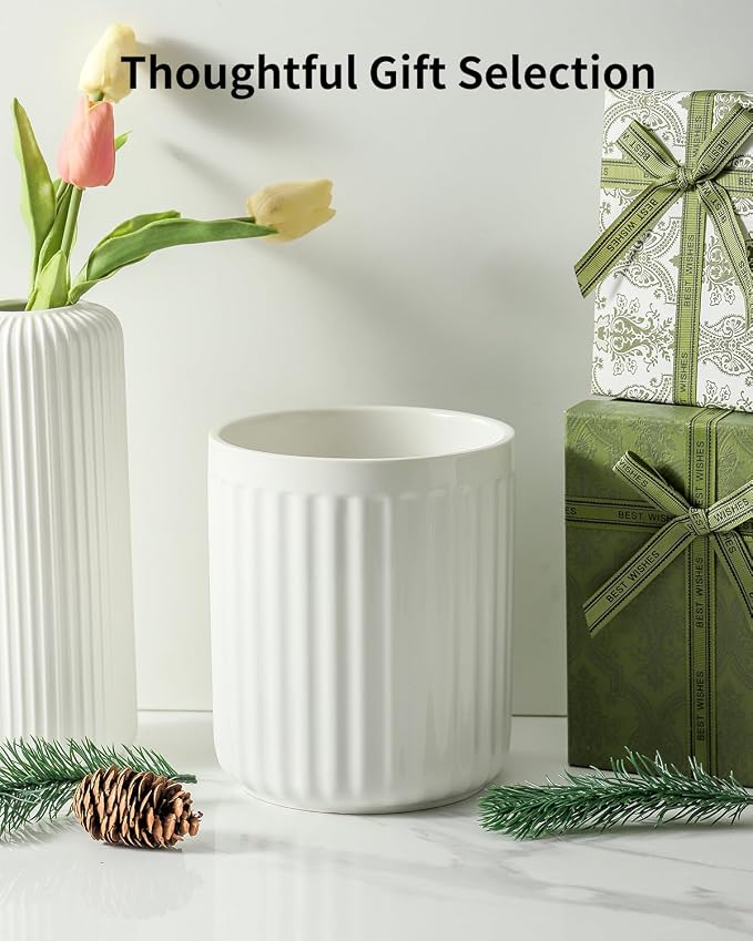HASENSE Utensil Holder, 7.3” x 6.2” Farmhouse Utensil Holder for Kitchen Countertop, Ceramic Cooking Utensil Crock, Kitchen Utensil Organizer for Wedding Gift, Spatula Holder for Counter, White