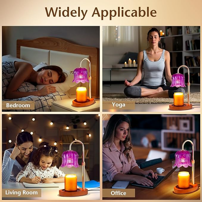 Warlisou Adjustable Candle Warmer Lamp with Timer - Purple Lampshade + Walnut Wooden Base