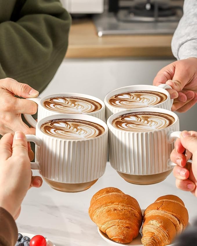 Ceramic Coffee Mugs with Stand,15 Oz Stackable Coffee Cups Set of 4 for Latte,Milk,Tea,Gift for Thanksgiving New Year Housewarming,Dishwasher & Microwave Safe,White Patchwork Color