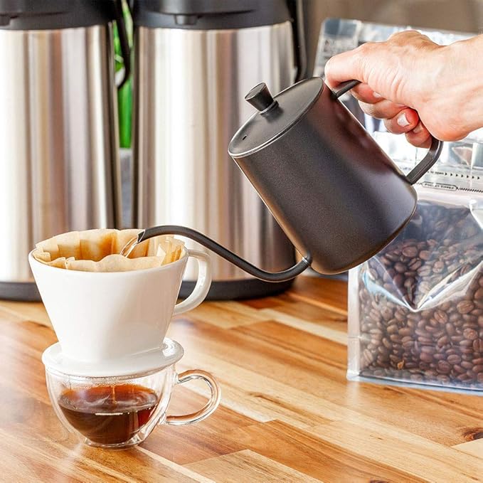 Restpresso 12 Ounce Gooseneck Kettle, 1 Dishwashable Pour Over Kettle - With Thermometer Hole, Non-Stick Coating, Black Stainless Steel Stovetop Kettle, Built-In Handle, - Restaurantware