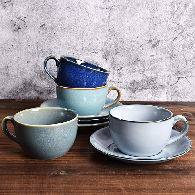 Bosmarlin Ceramic Coffee Cup Mug with Saucer Set of 2 for Latte, Cappuccino, Tea, 8.5 Oz, Dishwasher and Microwave Safe(Sage Green, 2)