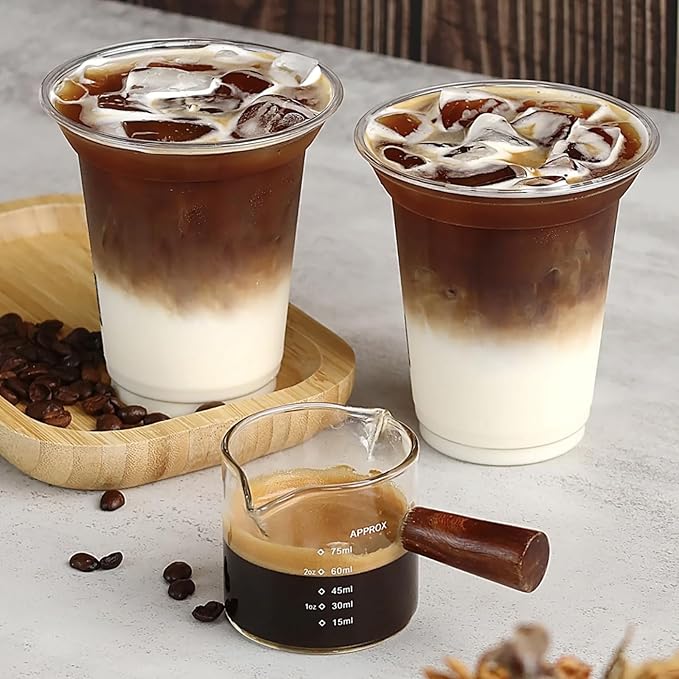 2 Pack Espresso Shot Glass With Wooden Handle, Accessories with Double Spouts Espresso Machine Accessories Coffee Bar Essentials Precise 75 Ml Coffee Measuring Cup