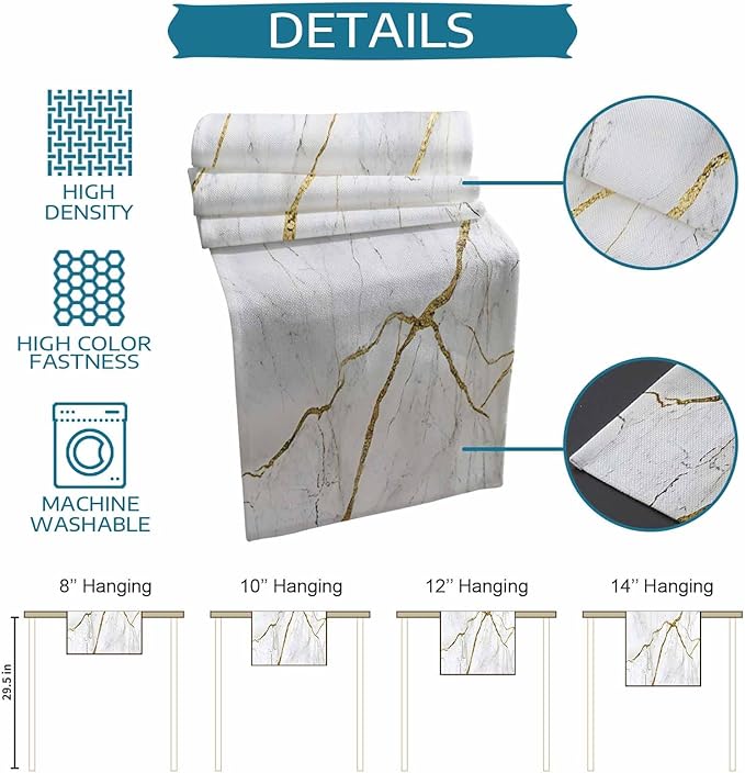 Marble White Gold Table Runner 72 Inch Long Dresser Scarves Modern Abstract Marble Cotton Linen Tablerunners Farmhouse Rustic Dining Kitchen Burlap Table Setting Decor for Party Holiday Home, 16"x72"
