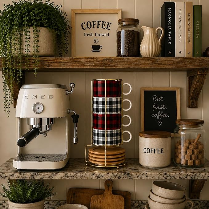 LUKA Porcelain Espresso Cup with Metal Stand,6 Ounce Stackable Ceramic Demitasse Espresso Mugs Cappuccino Cups Set for Latte,Coffee,Cafe Mocha,Tea - Set of 4 (Plaid Red & Gray)