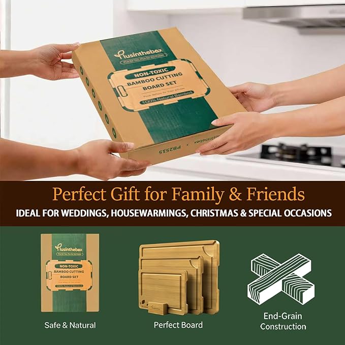 Cutting Boards for Kitchen, Bamboo Cutting Board Set of 3 with Storage Stand, Carbonized Chopping Boards with Deep Juice Grooves and Handles for Meat, Bread, Dough Kneading and Food Prep