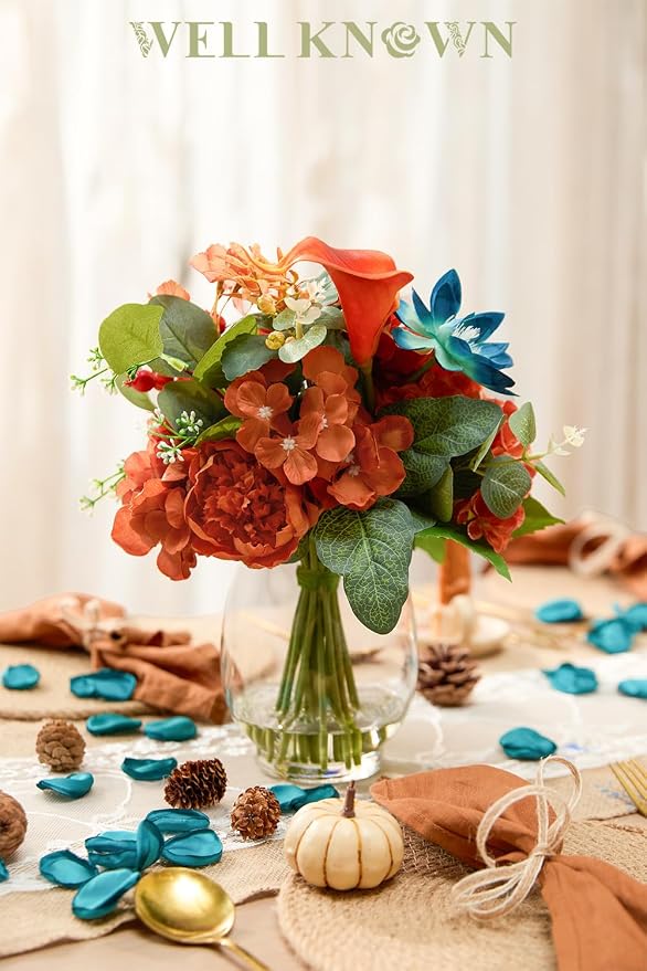 Artificial Flowers in Vase with Fake Water, Faux Silk Peony Dahlia Bouquet, Teal Burnt Orange Flowers Arrangement for Dining Table Centerpiece Wedding Party Spring Home Decor & Birthday Gift