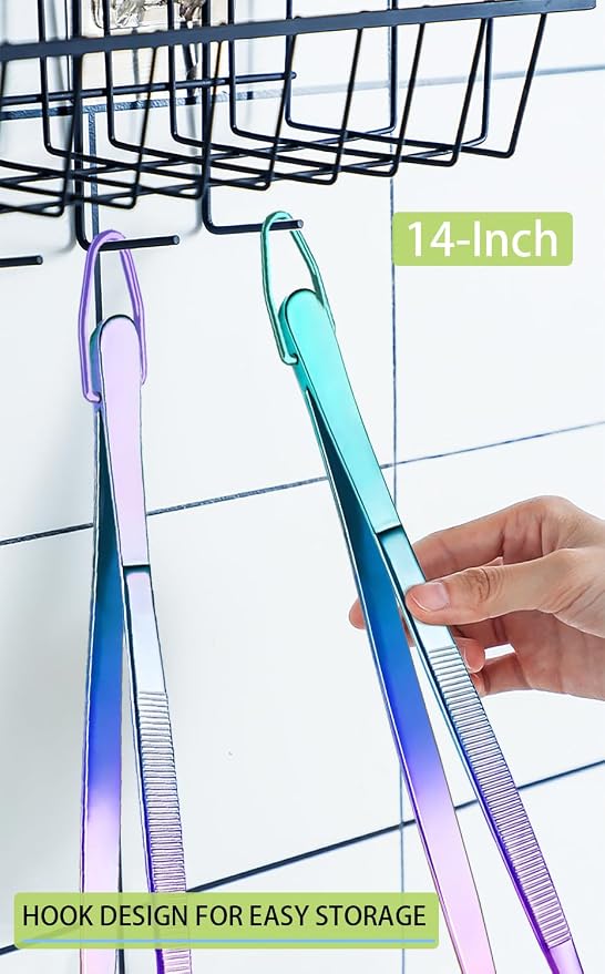 JETKONG 2 Pcs 14-Inch Culinary Tweezers Extra Long Food Tweezers Kitchen Tweezer Tongs for Cooking Grilling and BBQ (Rainbow)