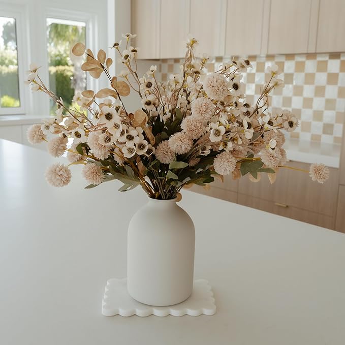 SilkSerenade Beige Silk Kiku Flower Arrangements with Eucalyptus & Wild Flowers for Home Decoration, Fake Flores Long Neutral Tall Mums Cream Stems Artificial Floral Kitchen Dining Table Centerpieces