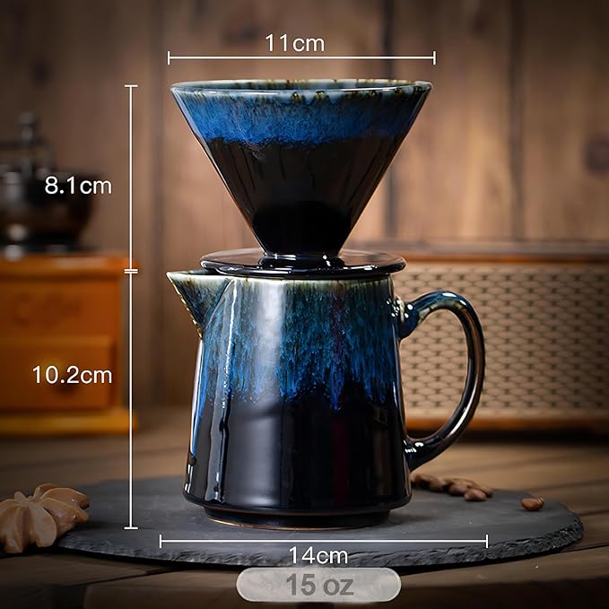 Ceramic Pour Over Coffee Dripper Vintage, Pour Over Coffee Maker Set, Filter Cup, Coffee Brewer Cone Filter, V60 Dripper & Decanter set, for Home Café Restaurant, 1-2 Cup (Gradient Blue)