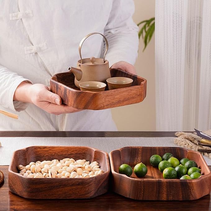 Acacia Wood Serving Tray, 7.8" Square Wooden Bowls for Snacks, Nuts, Fruits & Candy, Decorative Small Wood Catchall Tray for Keys, Jewelry, Entryway Vanity Countertop Organizer