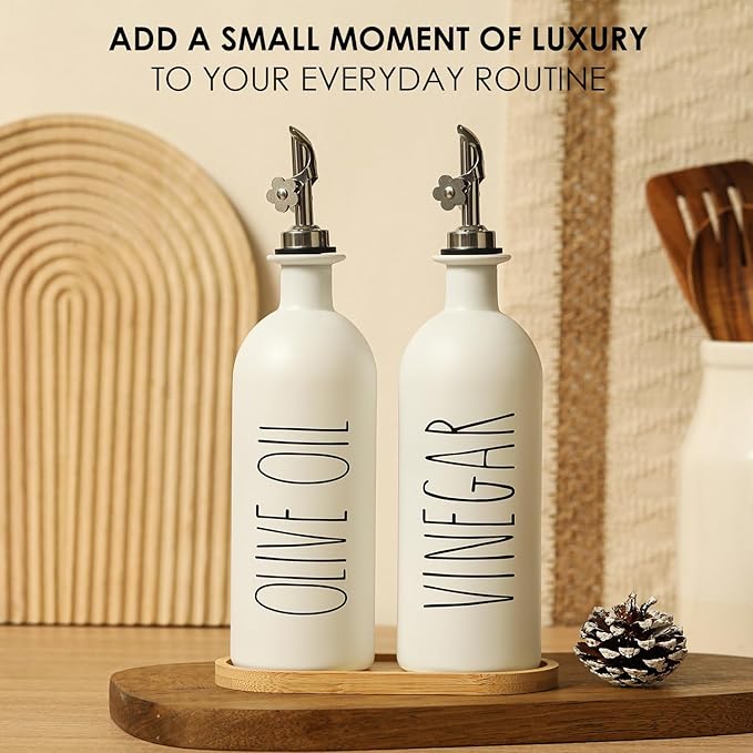 HOMCDALY 16oz Olive Oil Dispenser Bottles for Kitchen, White Oil and Vinegar Dispenser Set, Two Olive Oil Bottles with Bamboo Tray | Set of 2 (16oz-P-White)