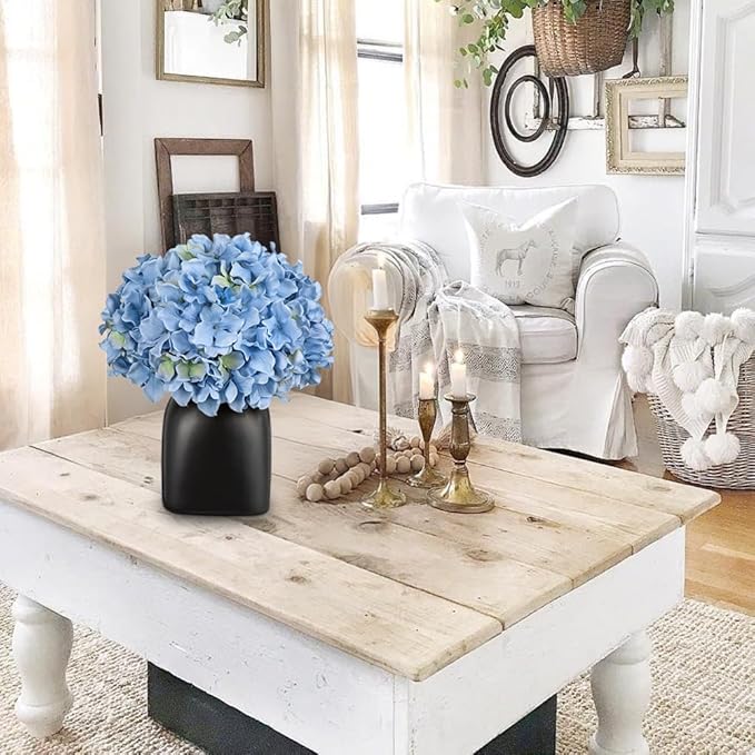 Briful Blue Hydrangea Artificial Flowers in Ceramic Vase, Black Vase Farmhouse Centerpieces for Tables, Dining Table Vase with Fake Flowers for Home Decor Indoor Kitchen Living Room