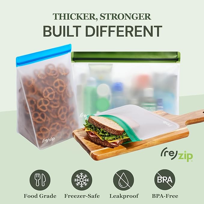 (re) zip 3-Piece Stand-Up Reusable Bag Kit | BPA-Free, Food Grade, Leakproof, Travel Friendly, Freezer and Dishwasher Safe | Quart (1), 2-Cup (1), Snack Size (1) | Gray
