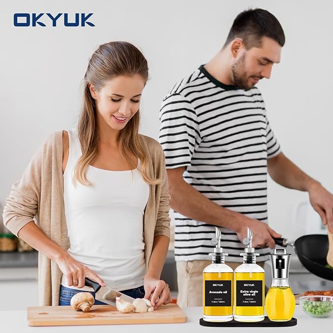 OKYUK Olive Oil Dispenser Bottle & Oil Sprayer for Cooking, Oil and Vinegar Dispenser Set, with Bamboo Tray, 20 Labels, Coffee Syrup Dispenser Oil Bottles for Kitchen