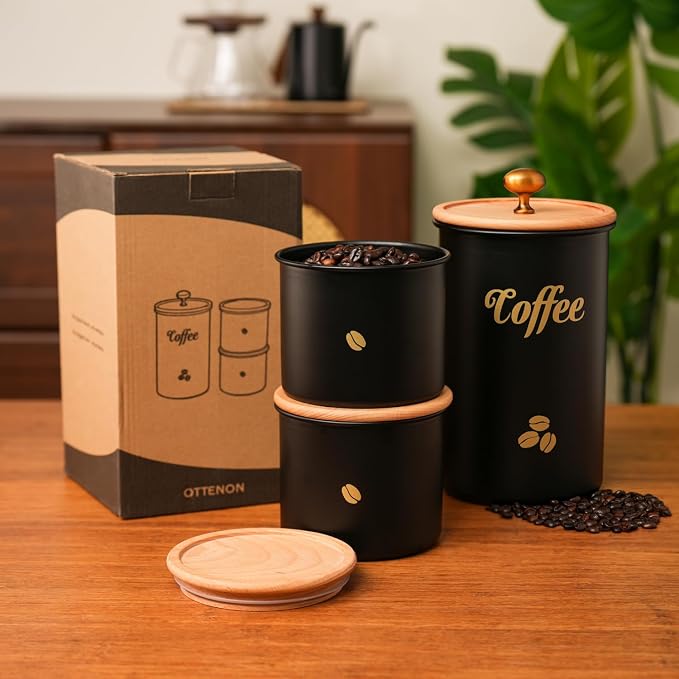 Coffee Canister, 3 pack Large Airtight Coffee Bean Storage Container, Café Grounds Container, Cafe Jar Cafe Holder, Food Storage Container for Flour, Sugar, Tea (Black)