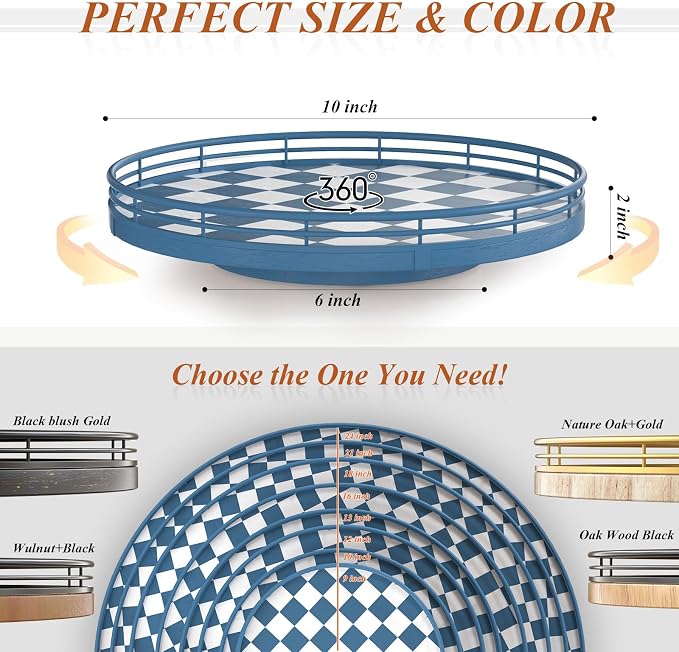 Premium Rubber Wood Lazy Susan Turntable, Blue White Checkerboard Decorative Serving Tray, Hand-Welded Metal Railing, Stable Rotating Organizer for Dining Table, Kitchen Counter, Coffee Table Decor