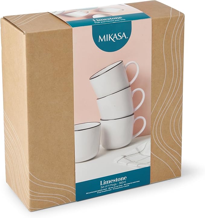 Mikasa Limestone Porcelain Mug Set, 4X Porcelain Mugs with Black Rim for Tea and Coffee, 360ml| Gift Boxed & Dishwasher Safe