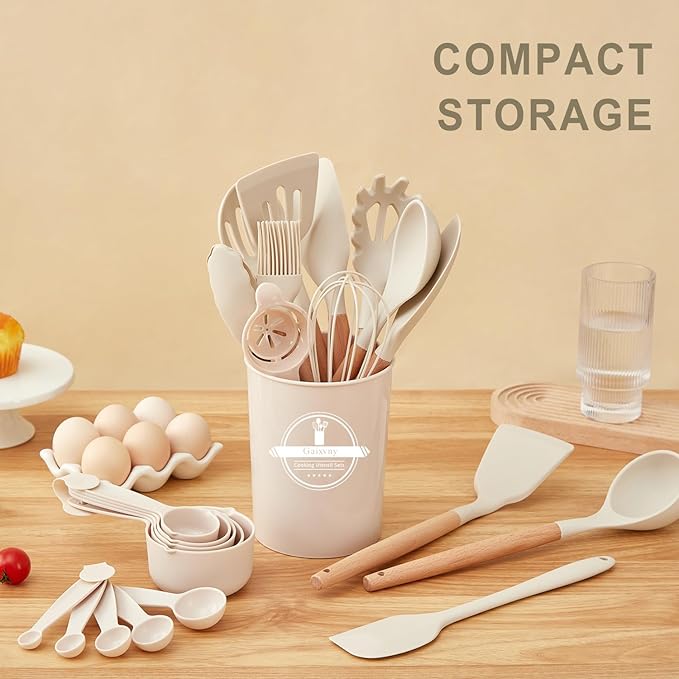 Kitchen Utensils Set - 34 PCS Non-Stick Silicone Cooking Utensils Set Spatula Set with Holder, Wooden Handle Spoon,Brush,Whisk Kitchen Gadgets Tools Set for Nonstick Cookware (Cream White-34P)