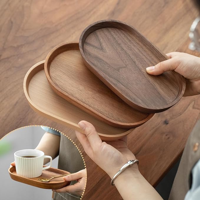 Vandroop Wooden Mini Serving Tray for Parties, Tea&Coffee Table Tray, Small Oval Wood Plate for Fruit&Snacks, Decorative Tray for Jewellery Key Coin, Tray for Bathroom (Acacia Wood, 7.8”×4.66”)