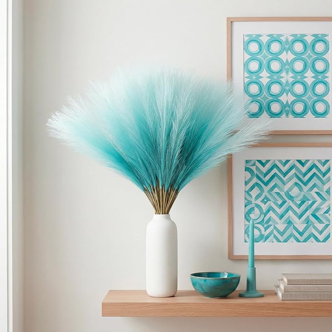TORONTOKYO Light Blue Pampas Grass Decor, 50Pcs 21.6 inch Artificial Short Faux Pompas Grass, Boho Neutral Home Decor Bouquet for Floor Vase, Wedding, Party, Farmhouse, Bedroom Decor (Turquoise)