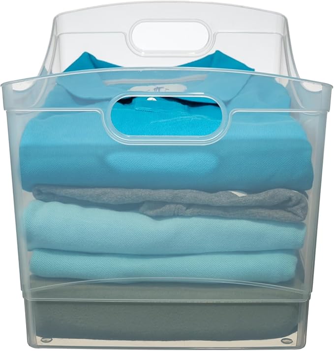 Clear Plastic Open-Top Storage Bins with Handles, 2-Pack Stackable Pantry Organizer Baskets for Kitchen, Bathroom, Closet & Cabinet Organization