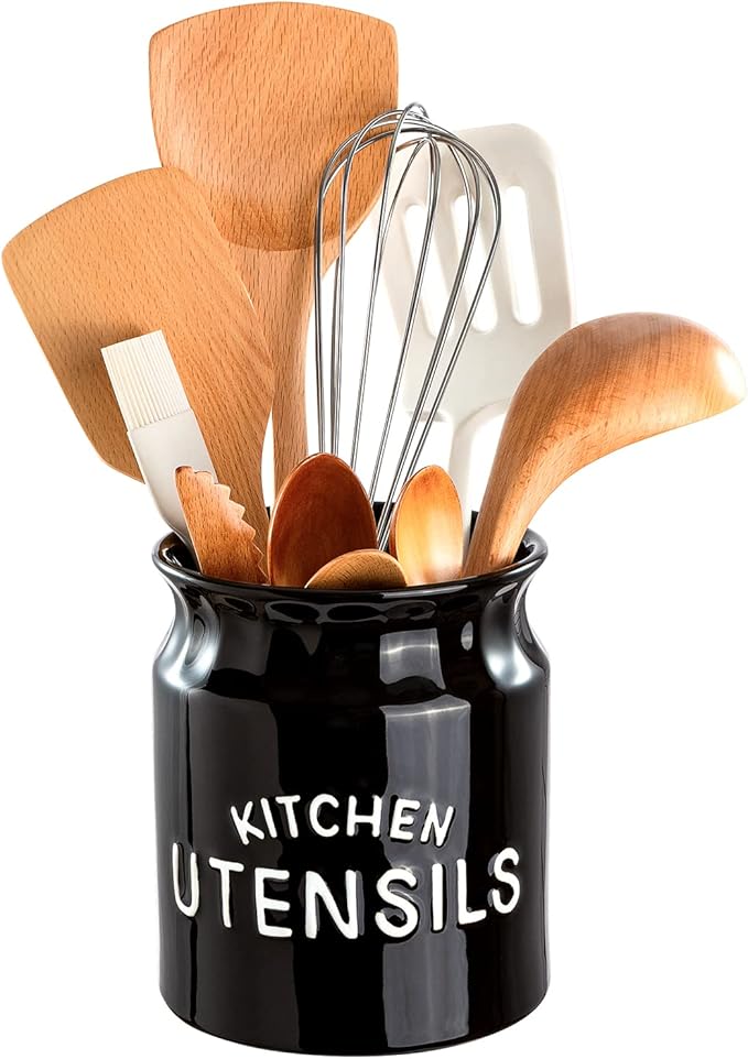 Utensil Holder, Ceramic Farmhouse Kitchen Utensil Holder for Countertop, 6.5" Large Cooking Utensil Crock for Kitchen Counter, Black