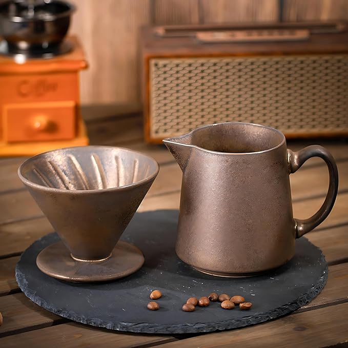 Ceramic Pour Over Coffee Dripper Vintage, Pour Over Coffee Maker Set, Filter Cup, Coffee Brewer Cone Filter, V60 Dripper & Decanter set, for Home Café Restaurant, 1-2 Cup (Rusty)