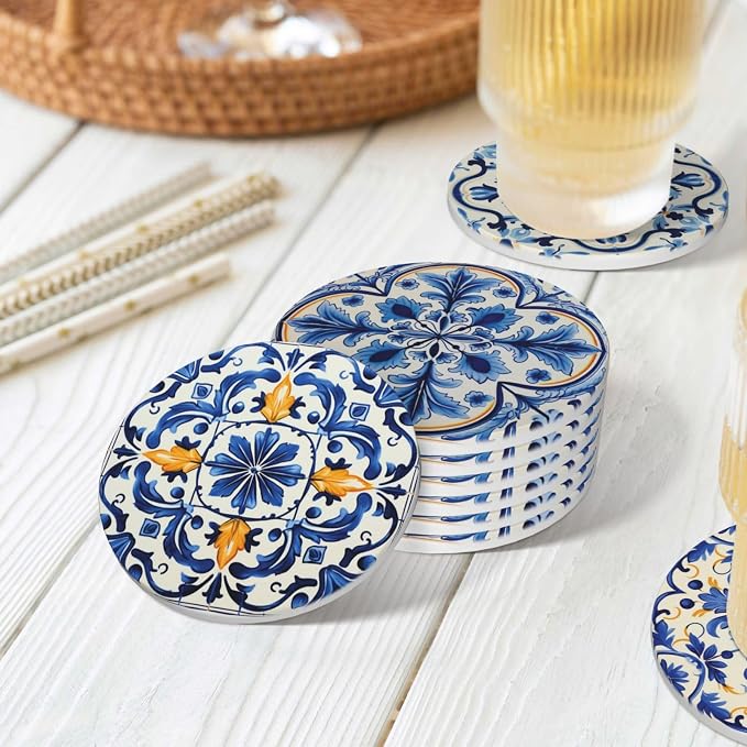 Coaster for Drinks Set of 6, Blue Vintage Spanish Ceramic Floral Absorbent Round Ceramic Stone Mat, with Cork Base and Metal Holder, Gift for Housewarming Room Bar Decor (Azulejo Tile-2)