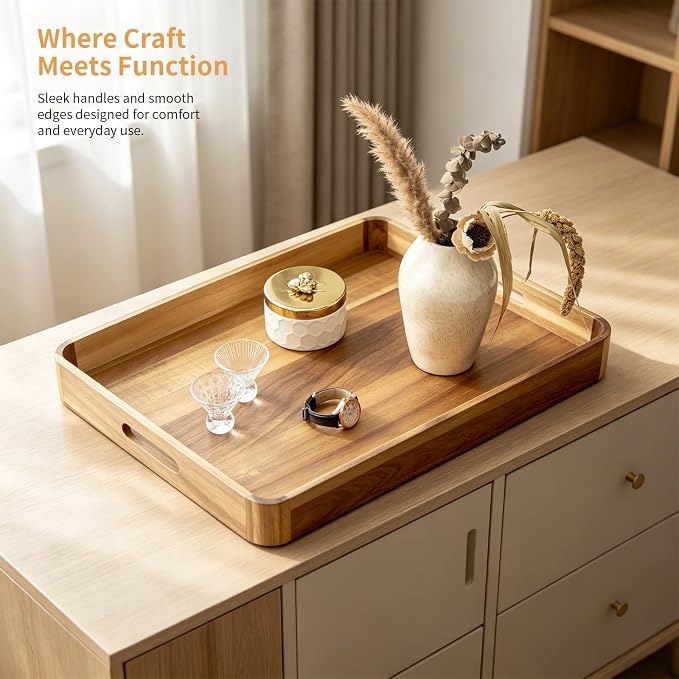 Large Wooden Ottoman Tray Great Rectangle Trays for Big Ottoman 22"x18" Coffee Table Tray for Kitchen Huge Wood Serving Tray with Round Corner for Living Room Decor Centerpiece Organizer