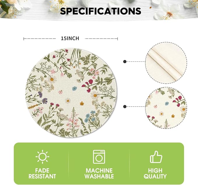 Artoid Mode Antique Herbs Wild Flowers Spring Placemats Set of 4, 14 Inch Summer Round Table Mats for Dining Decoration