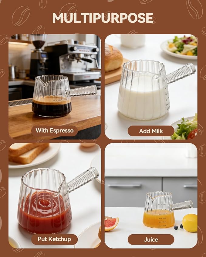 6OZ Glass Measuring Cup - 180ml Borosilicate Glass Espresso Shot Glass with Glass Handle, V-Shaped Spout for Milk Frothing, Espresso Accessories for Machine, Dishwasher Safe
