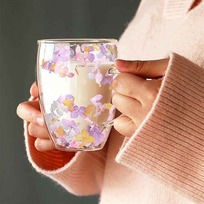 Double Wall Glass Coffee Mugs, Aesthetic Dried Flowers Cups with Handles,Espresso Cups for Cappuccino Coffee Tea Milk,Insulated Heat Resistant Glass Mug Christmas Birthday Gifts for Women