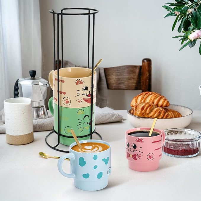 Cedilis Set of 4 Stackable Cat Mug with Stand and Spoon, 15 oz Cute Ceramic Coffee Mug for Cat Lover, Cappuccino, Tea, Hot Cocoa, Latte, Drinks, Green, Blue, Pink, Yellow