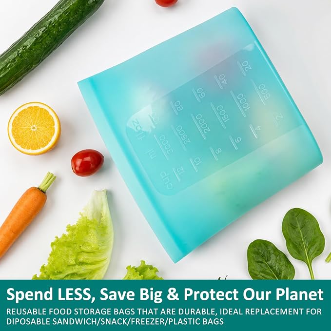 Extra Large Reusable Silicone Food Storage Bags 4 Pack, 0.8 Gallon/3000ml, 100% Silicone Stand-Up Wide-Open Zip-Lock Reusable Bags for Large Items, Microwave Freezer Oven Dishwasher Safe, Aqua