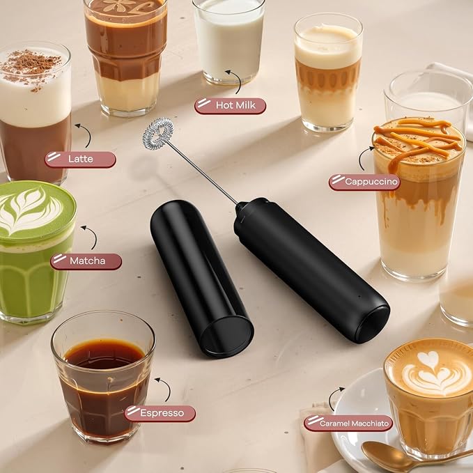 Rechargeable Milk Frother Handheld, Portable Hand Mixer Frother Wand Drink Mixer for Coffee, Latte, Matcha, Cappuccino, Frappe with cover kitchen gifts (Matte Black)