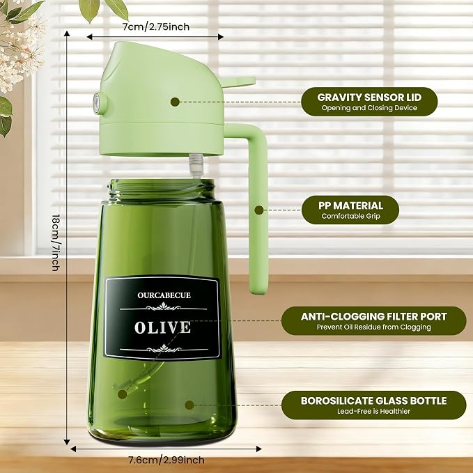 OURCABECUE 2 in 1 Olive Oil Sprayer for Cooking, 16oz/470ml Olive Oil Dispenser Bottle for Kitchen, Light-Blocking Dark Glass Oil Bottle, Food-Grade Oil Mister with 8 Oil Stickers (Green Bottle-Cap)