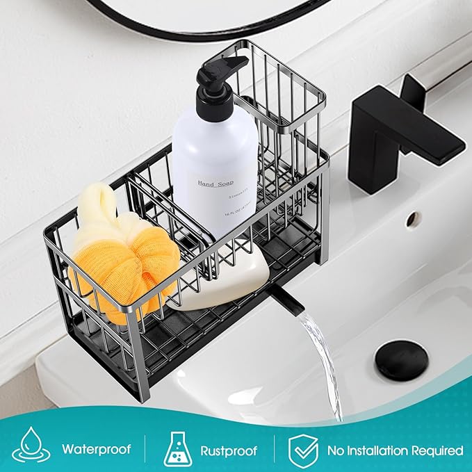 Sinnsally Kitchen Sponge Holder,Sink Caddy Organizer with High Brush Holder,Stainless Steel Sink Box Dish Scrubber Holder,Soap Tray for Kitchen Counter Accessories & Storage Rack(2 Tier - Black)