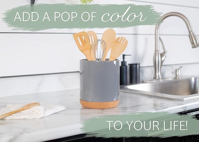 Elanze Designs Glossy X-Large Ceramic Stoneware Cork Bottom Kitchen Utensil Holder, Grey