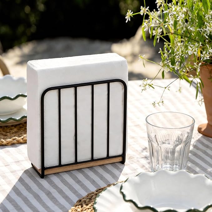 Modern Farmhouse Napkin Holder for Table, Weighted Solid Wood Base with Metal Design, Vertical Standing Napkin Dispenser for Kitchen Countertop, Dining Room and Outdoor Picnic (Black)