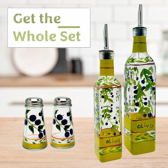 Hand Painted Glass Oliva Branch Oil/Vinegar Glass Cruet for Kitchen, 8 oz Olive Oil Dispenser With Stainless Steel Spout for Easy Pouring