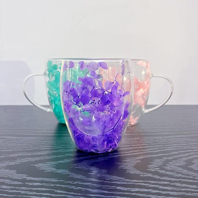 Double Walled Glass Coffee Mugs Flower Coffee Mug With Handle Insulated Heat Resistant Glass Cups Decorative 10 oz Clear Cappuccino Cup For Hot Cold Tea Milk Latte Wine Beverage (Purple)