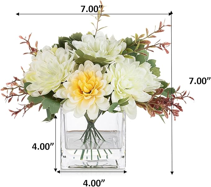 ENOVA FLORAL Mixed Artificial Daisy Floral Arrangements with Vase, Table Centerpieces for Dining Room, Silk Daisy in Glass Vase with Faux Water for Home Decor (Yellow White)