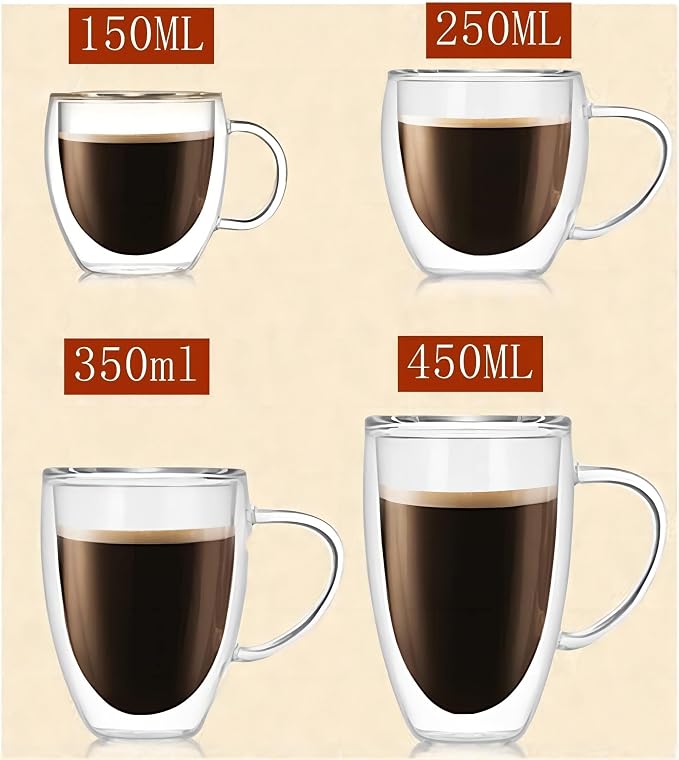 Espresso Cups Set Of 2 8 Oz, Double Walled Glass Coffee Mugs with Handle,Insulated Layer Coffee Cups,Clear Borosilicate Glass Mugs,Perfect for Cappuccino,Tea,Latte,Espresso,Hot Beverage,Wine
