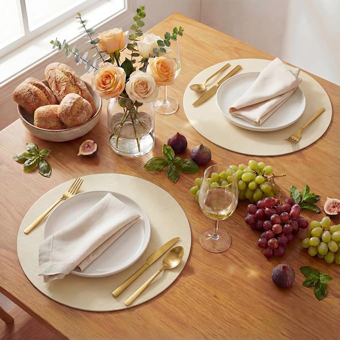 Artoid Mode Beige Faux Leather Placemats Set of 4, 15 Inch Waterproof Wipeable Heat Resistant Vinyl Place Mats, Reversible Table Mats for Kitchen Dining Decor