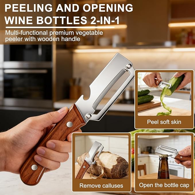 2PCS Premium Vegetable Peeler with Wooden Handle and Bottle Opener, Multifunctional Vegetable Peeler, 2-In-1 Stainless Steel Blade Peeler Knife for Potato Fruit Pineapple Pumpkin Papaya Carrot (A)