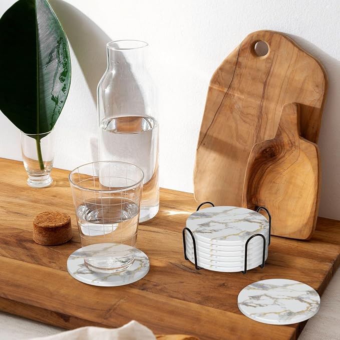 White Gold Marble Set of 6 Drinks Ceramic Coasters with Holder Funny Absorbent Cup Coasters with Cork Desk Table Protection Coffee Table Decor