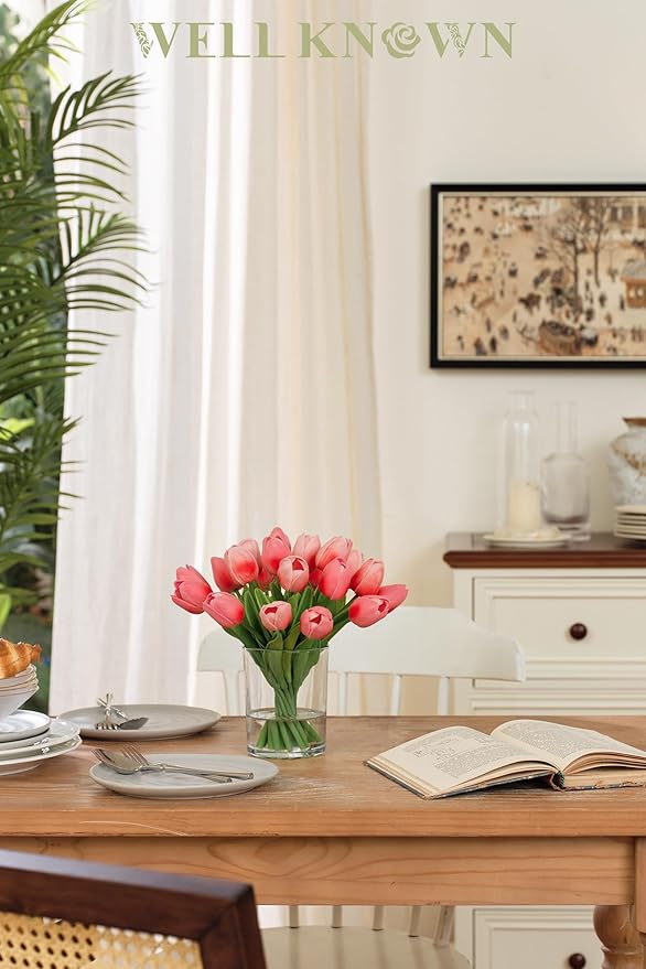 WELL KNOWN 20 Pcs Tulips Artificial Flowers in Vase, Real Touch Coral Pink Tulips with Glass Vase & Fake Water, Flower Arrangement Centerpiece for Dining Table Home Hotel Wedding Party Decor & Gift