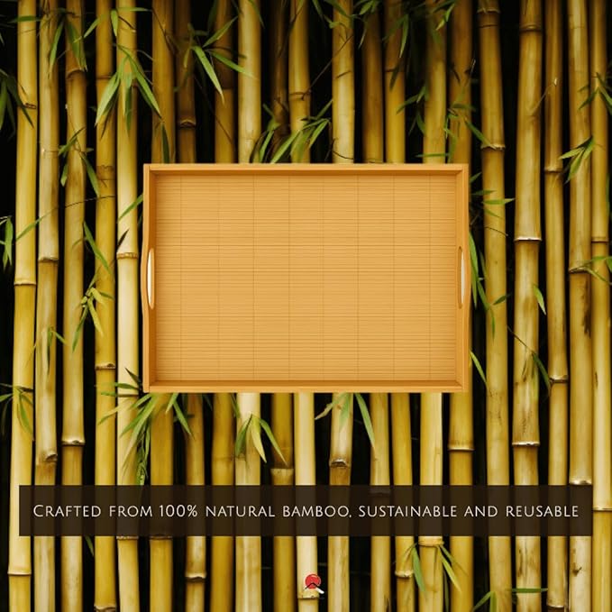 JapanBargain 4099, 4-Pack Large Bamboo Serving Trays with Handles, 20 x 13 Inch Wooden Tea Tray for Lunch Dinner Coffee Snacks Butler Shelf Display