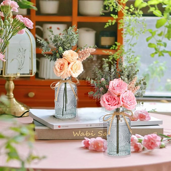 Fake Flowers with Vase, Silk Roses Artificial Flowers in Vase, Faux Flower Arrangement with Vase Suitable for Home Office Decoration, Dining Table Centerpiece (Pink Faux Flower+Bead Garland)